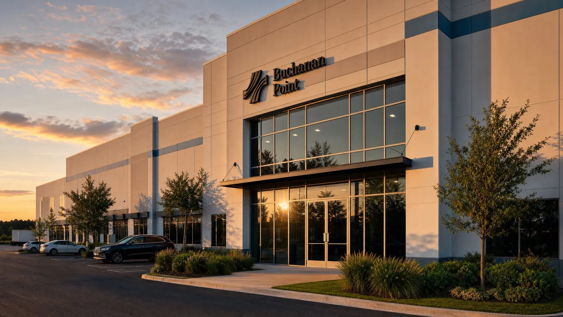 Dusk rendering of the Buchanan Point office entrance with building signage and glass storefront