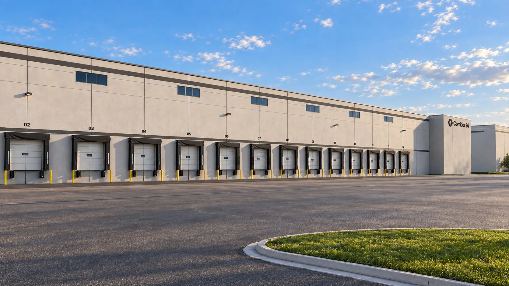 Rendering of loading docks along the Corridor 24 warehouse with a landscaped truck court