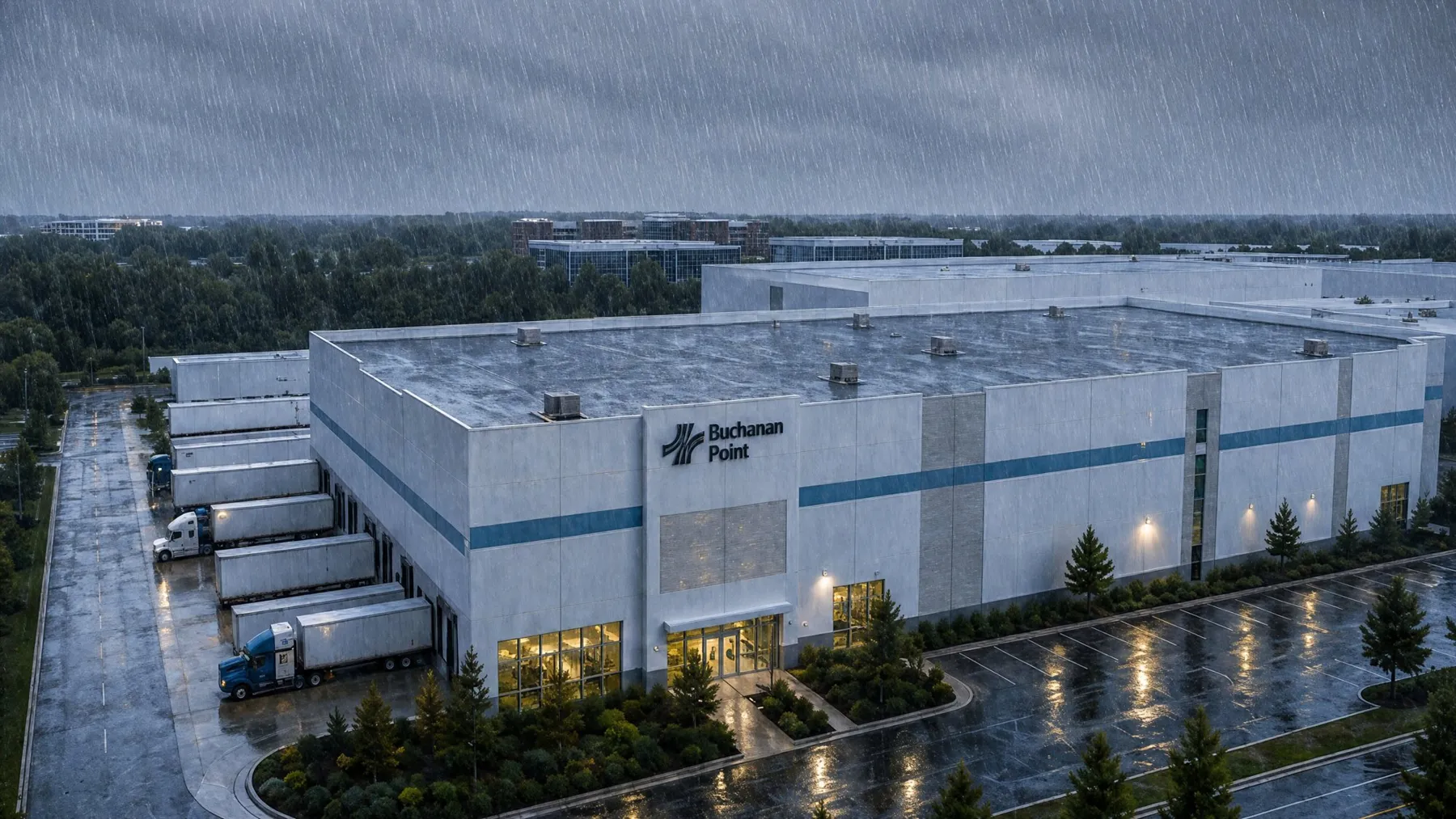Rainy evening rendering of the Buchanan Point truck court with trailers at the docks