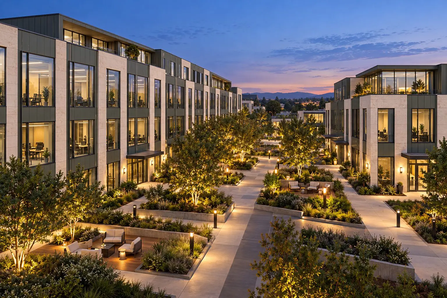 Evening rendering of a landscaped office courtyard between two four story buildings with lit walkways