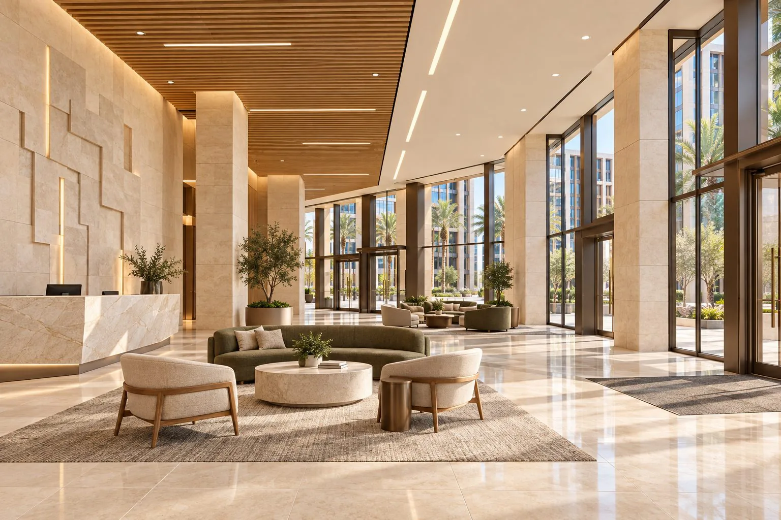 Rendering of an office lobby with stone walls, a wood slat ceiling and lounge seating