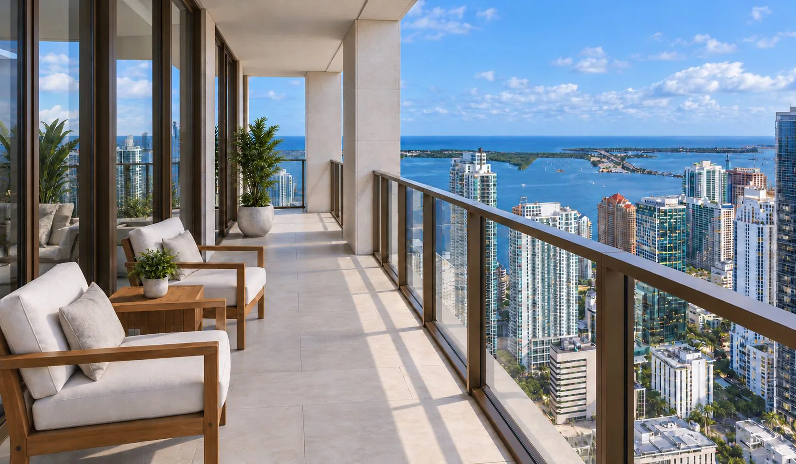 Rendering of a high rise balcony with lounge chairs overlooking the bay and the city skyline
