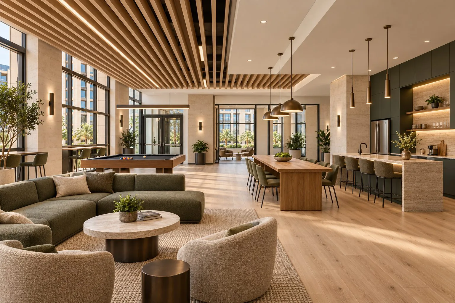 Rendering of a tenant lounge with sofas, pendant lights and a long dining counter