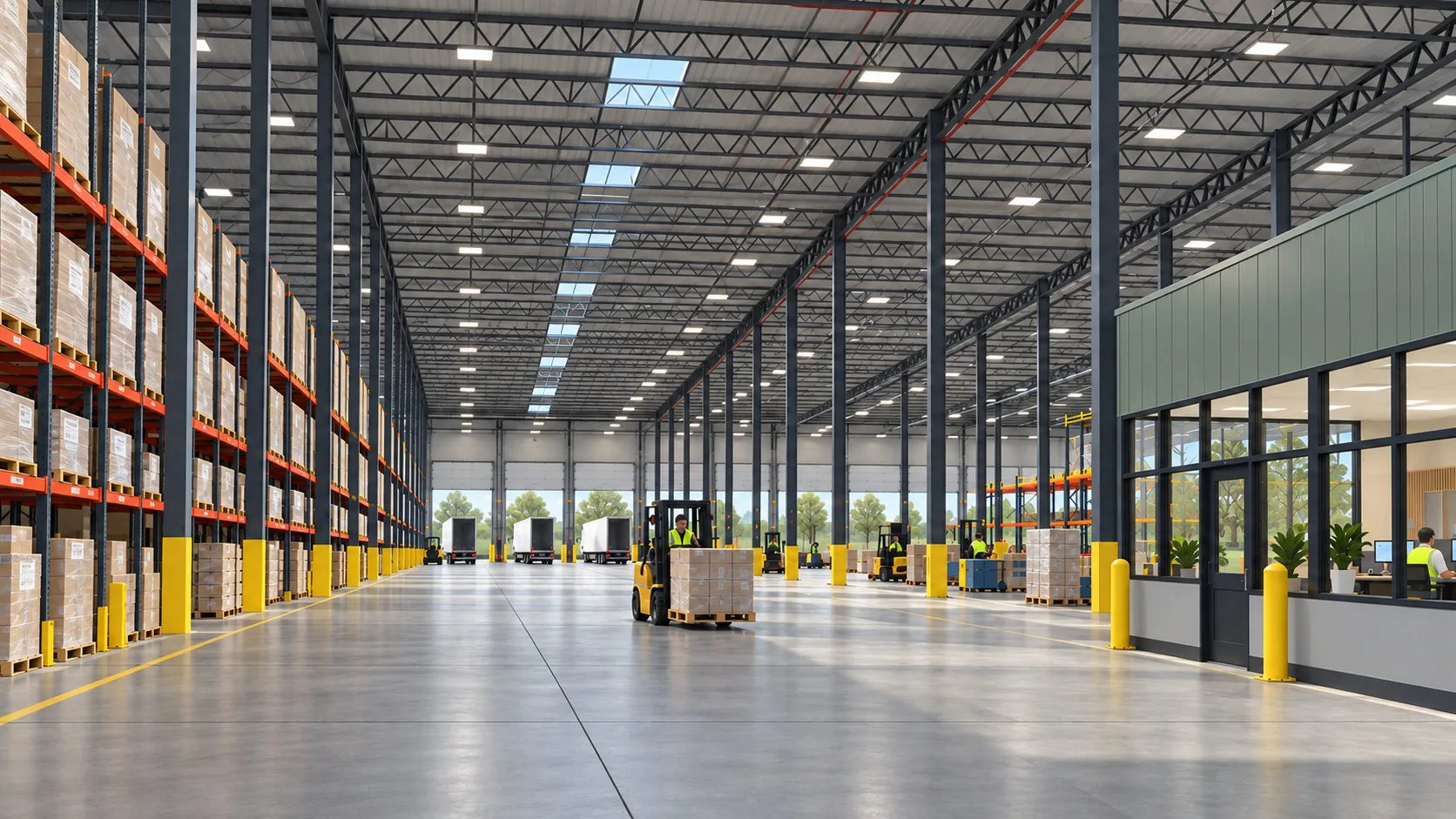 Thumbnail of a warehouse interior rendering with racking and a forklift
