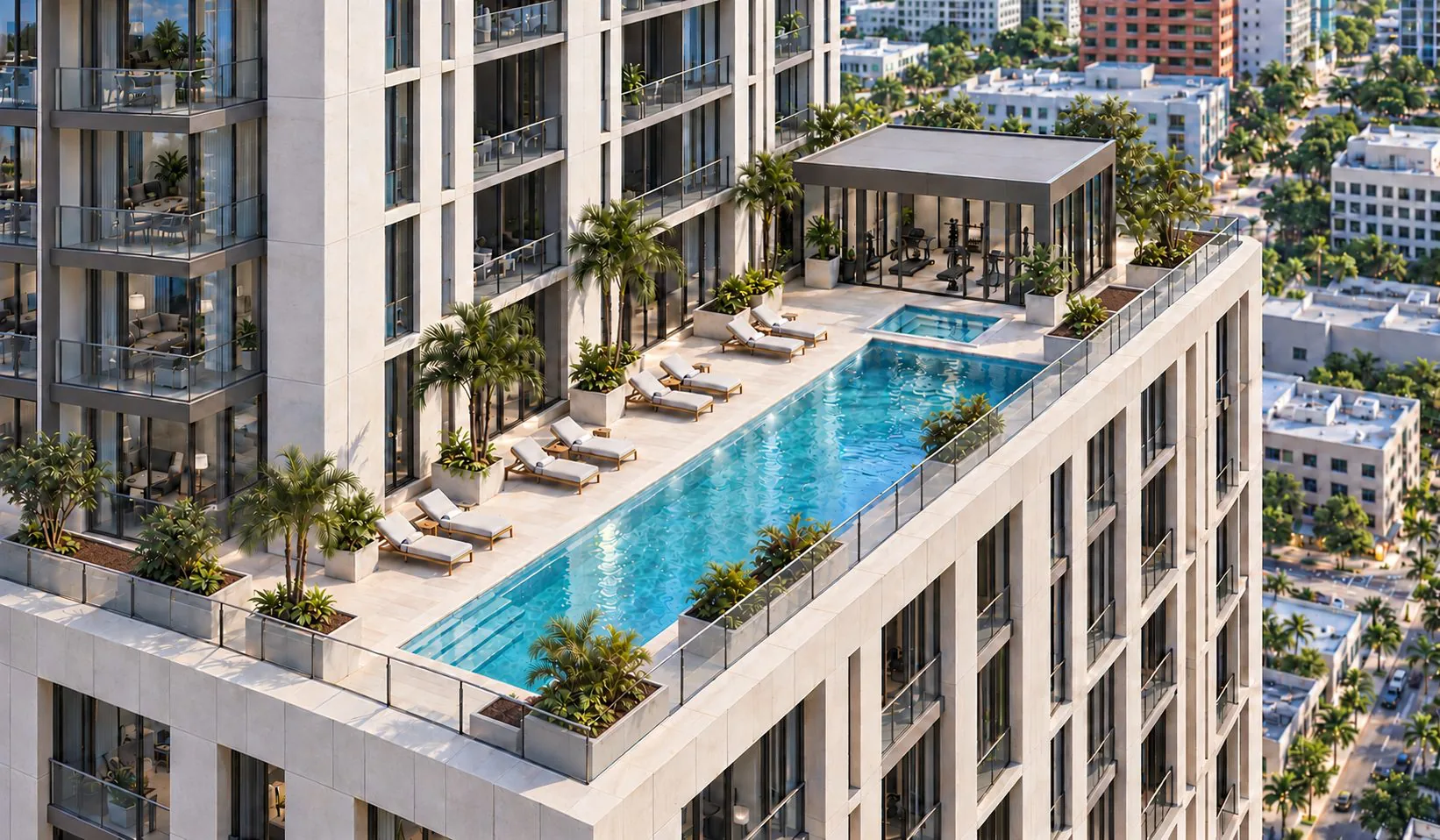 Rendering of a rooftop pool terrace with loungers on a residential tower