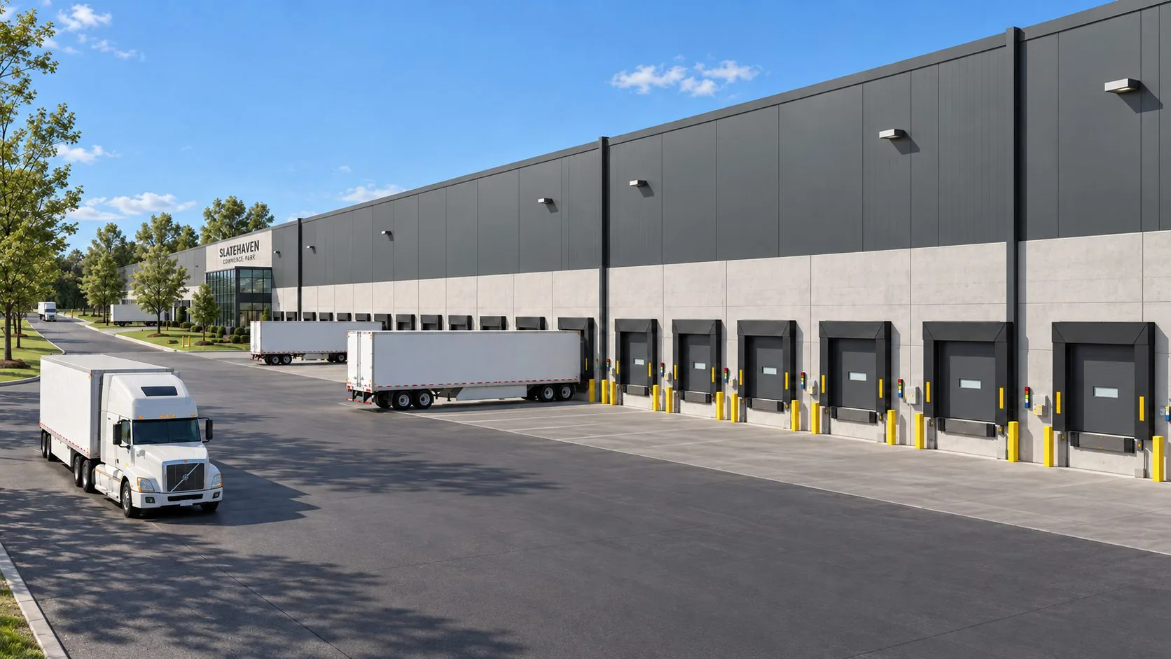 Rendering of a warehouse dock wall with a semi truck and trailers at the loading doors