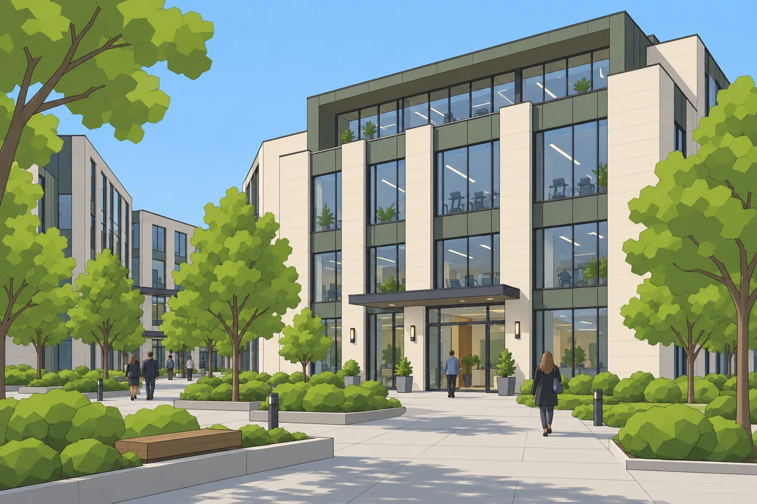 Flat, cartoon style rendering of the same office building with simple trees
