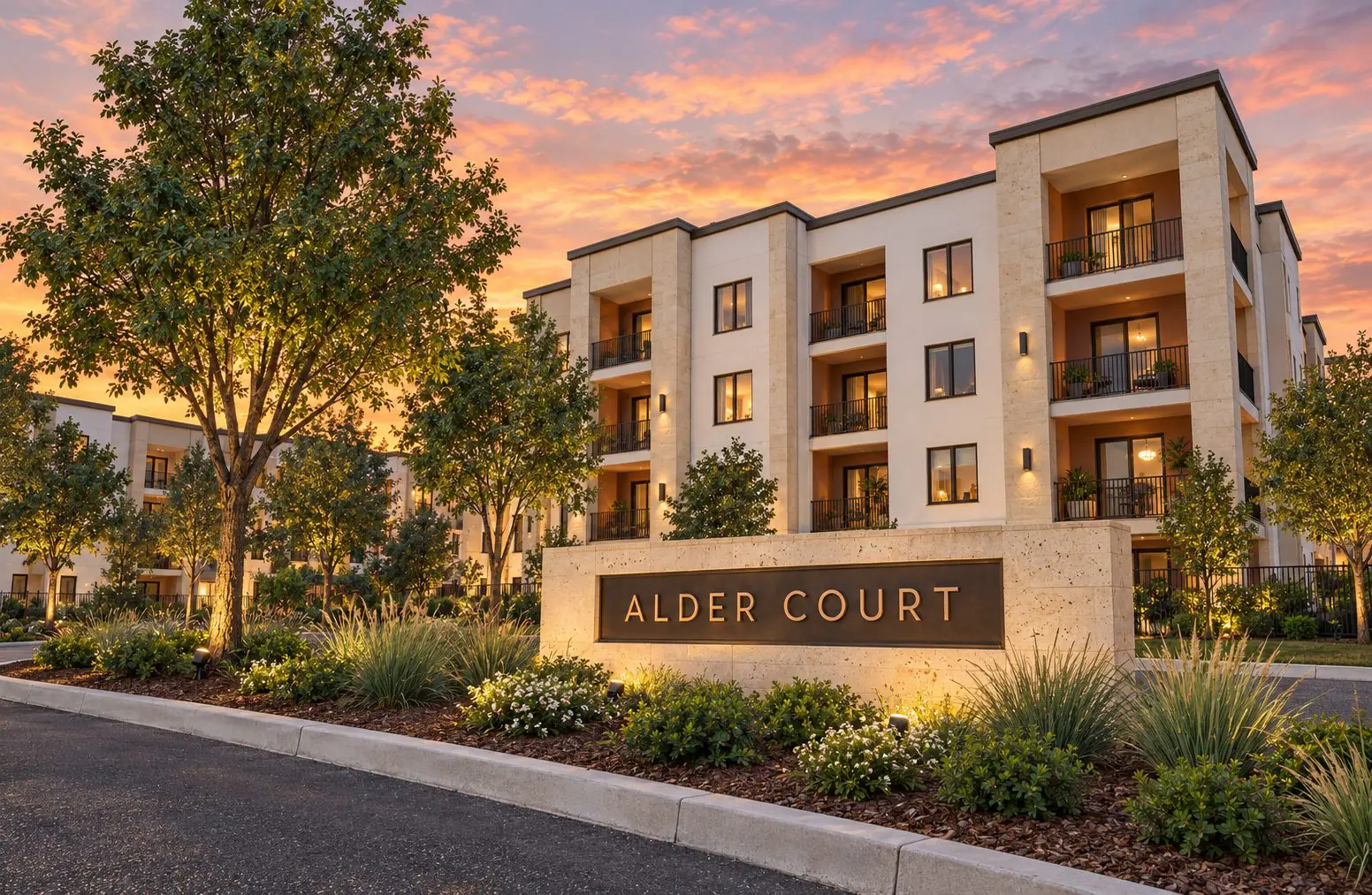 Sunset rendering of the Alder Court apartments behind a stone monument sign