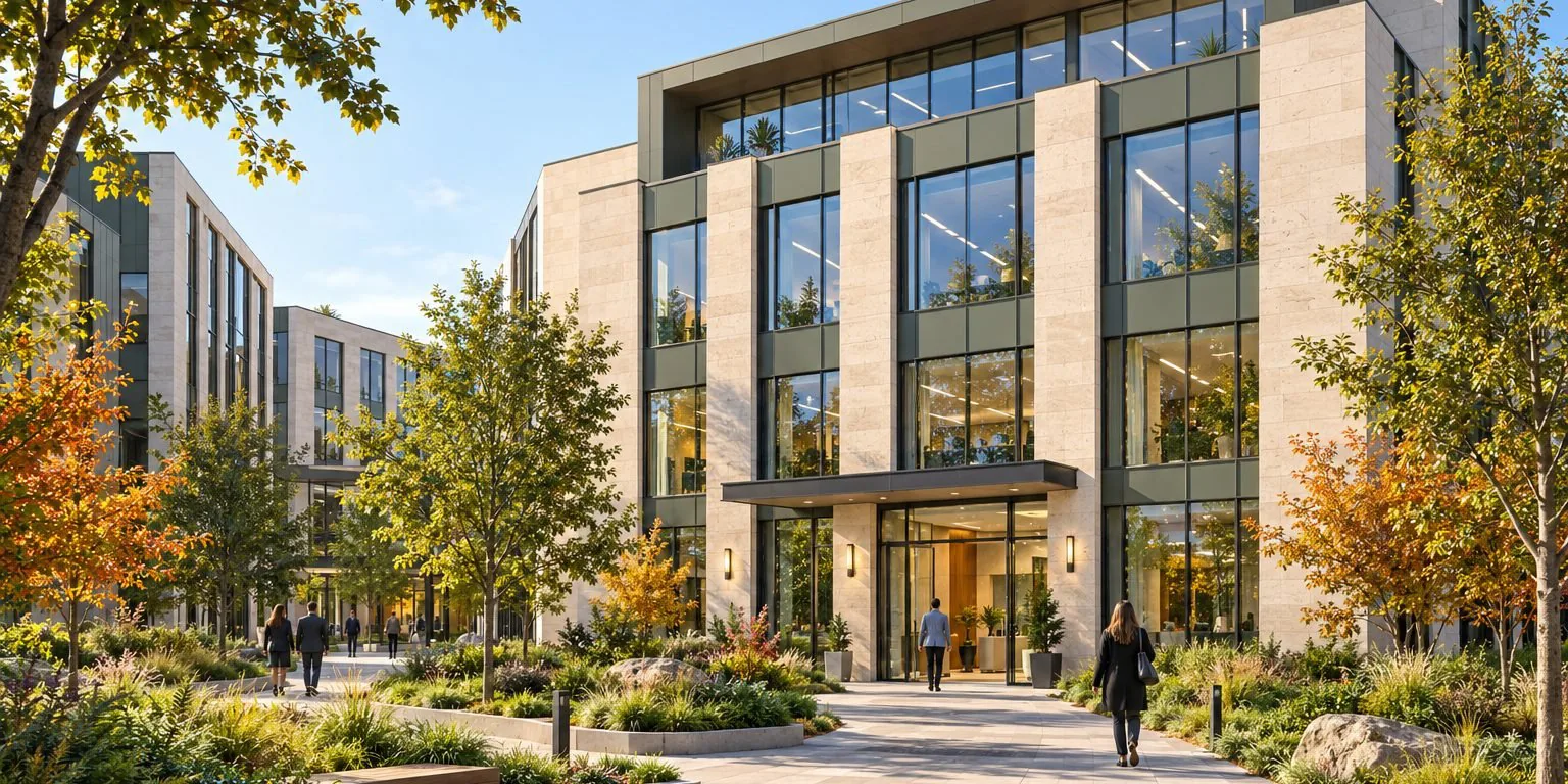 Gallery rendering of a four story office building entrance with fall trees