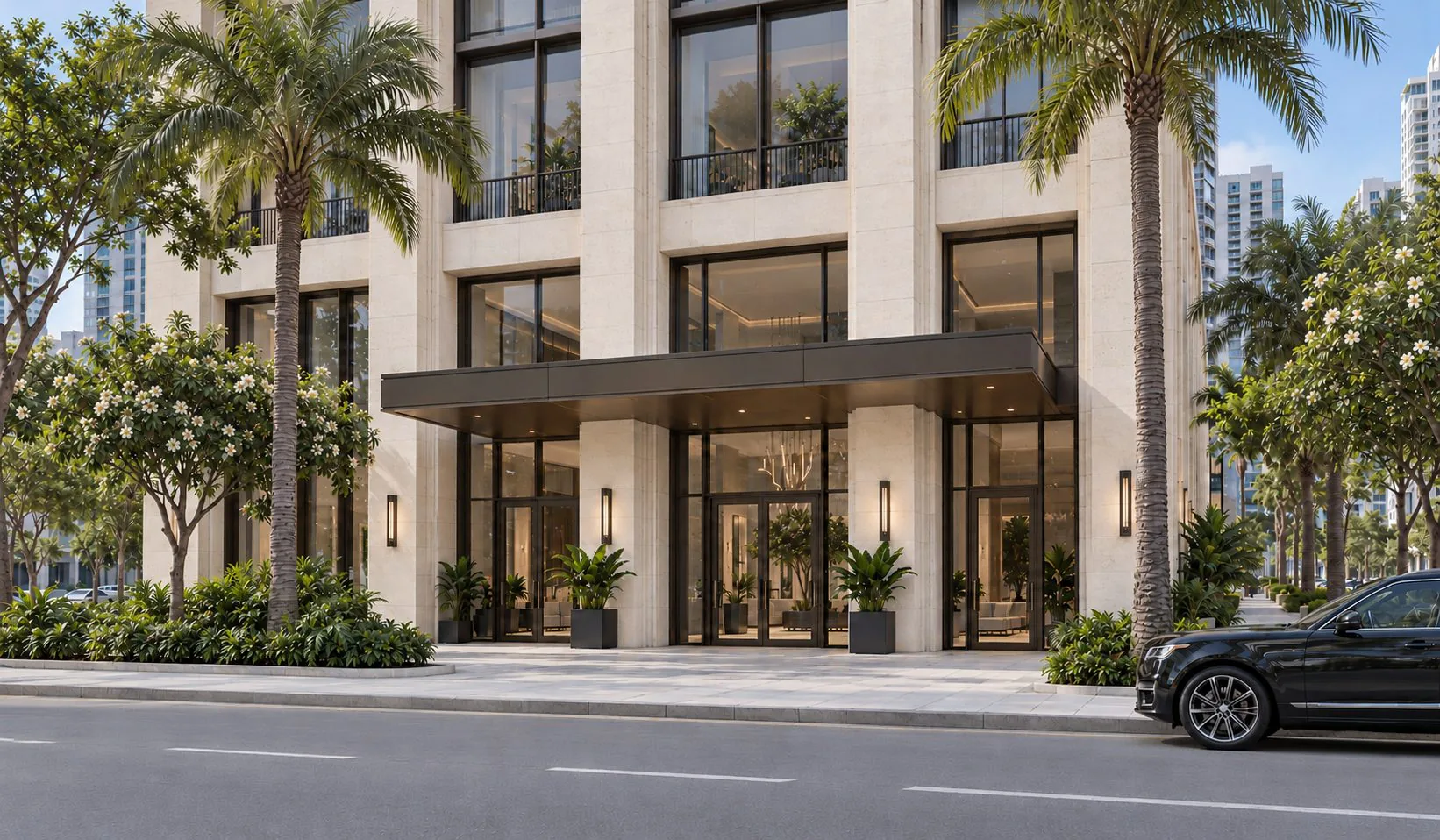 Gallery rendering of an office tower entrance canopy with palms and a black car