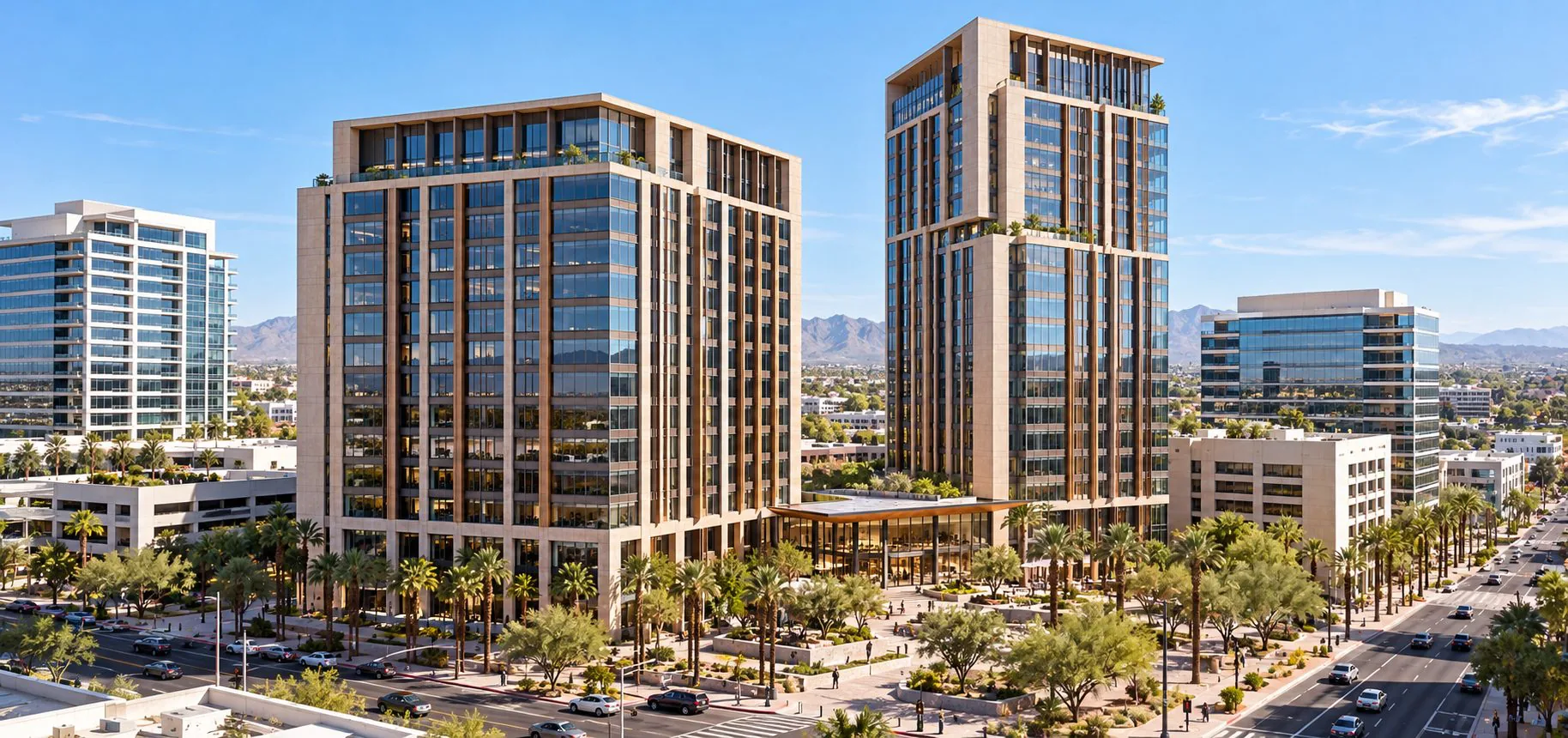 Gallery rendering of twin glass office towers in front of desert mountains