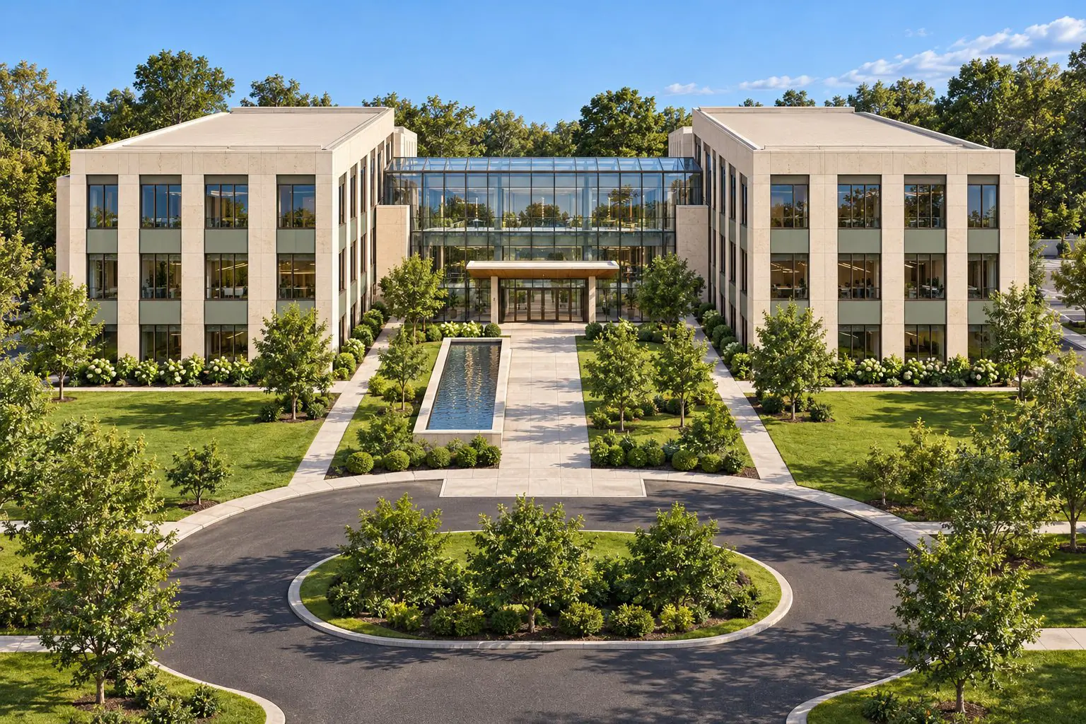 Gallery rendering of an office campus arrival court with a reflecting pool