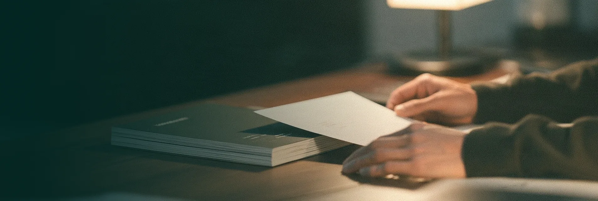 Hands passing a set of drawings across a dark desk in low evening light