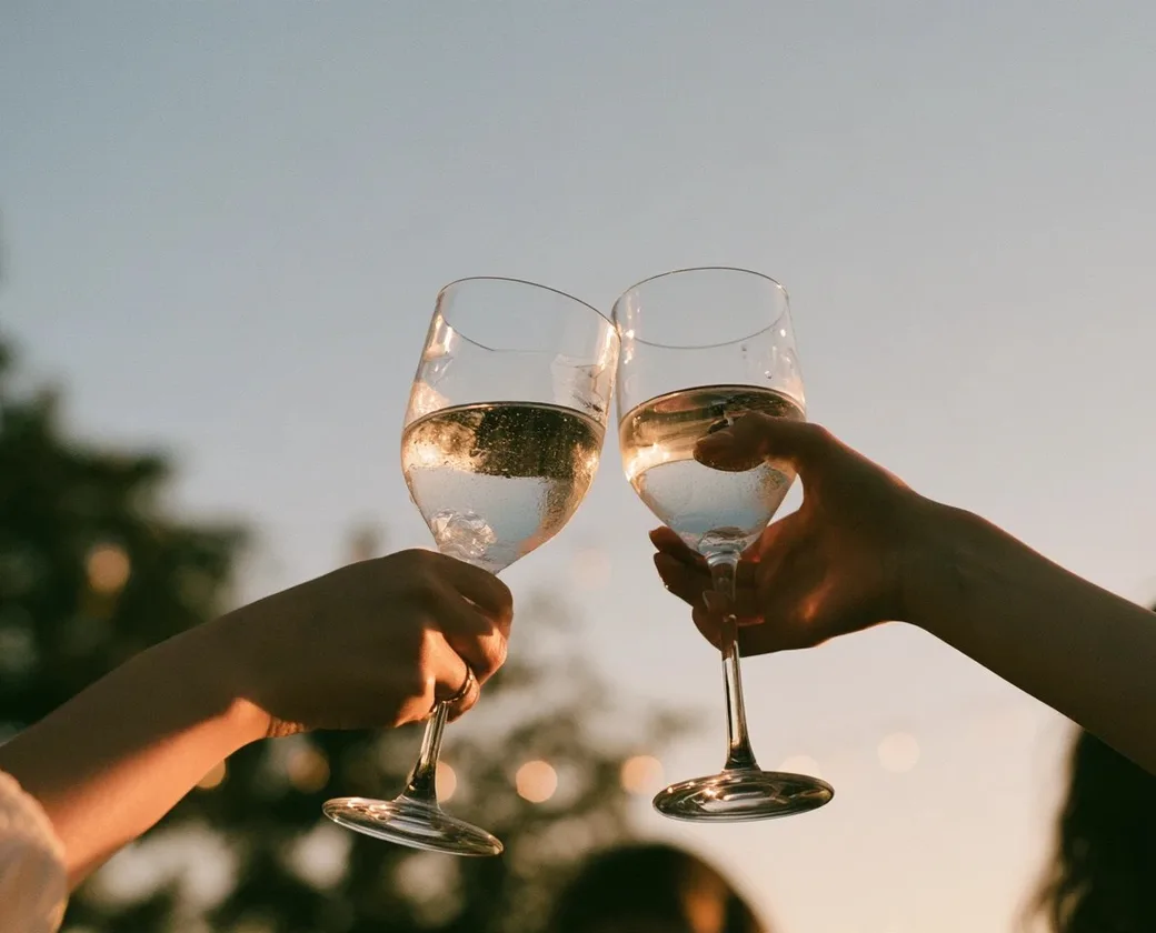 Two hands raising glasses in a toast against a warm golden hour sky
