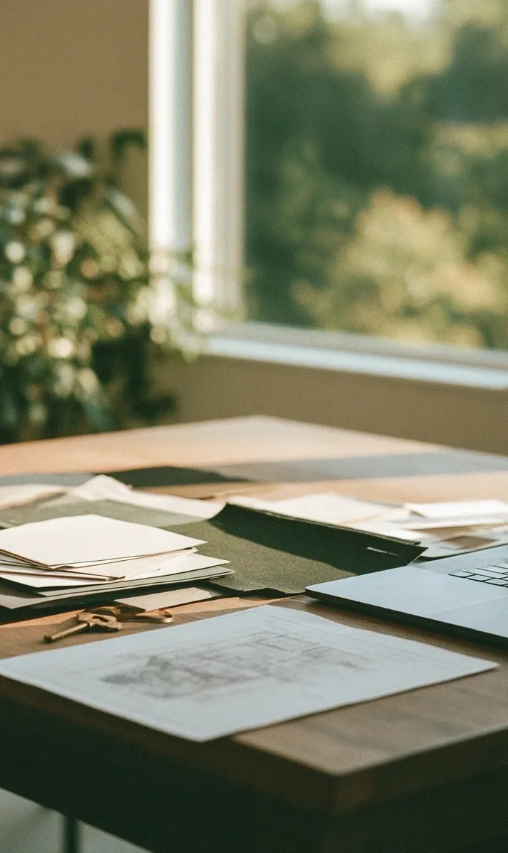 Printed site plans and papers spread on a table by a sunny window