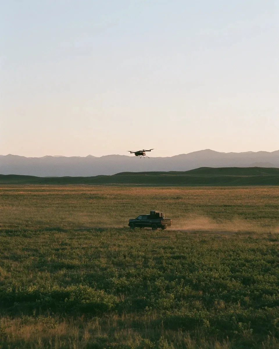 Drone flying low over a grassy field with a car in the distance