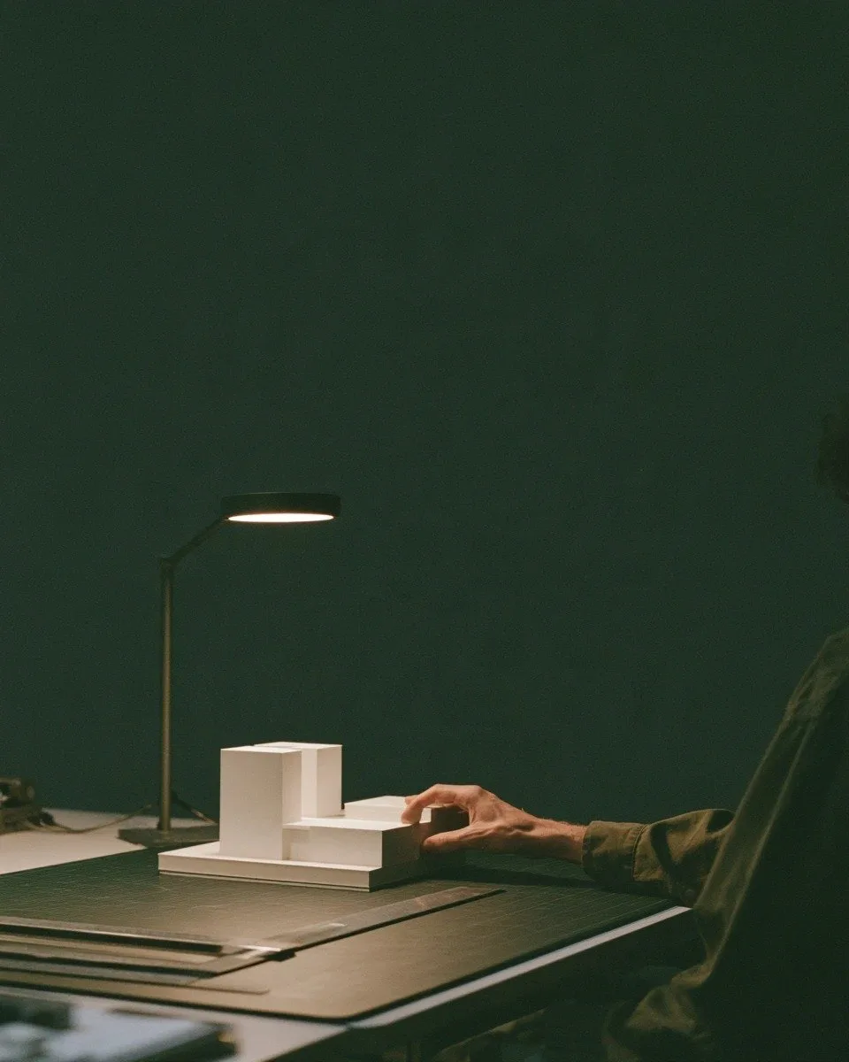 Architectural model under a desk lamp in a dark studio