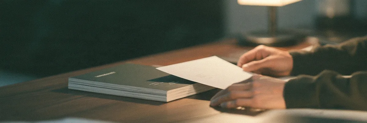 Hand sliding a cream envelope across a stack of printed brochures