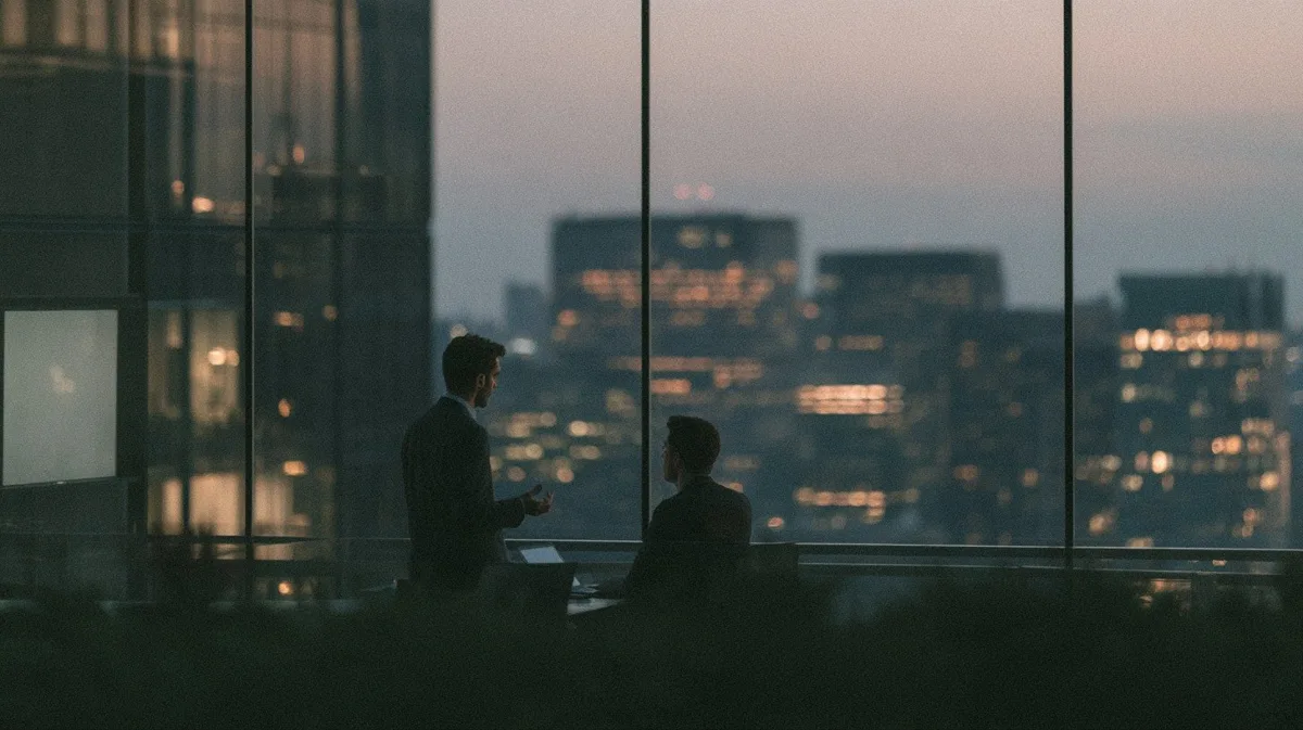 Silhouettes of people looking at a city skyline through floor to ceiling windows