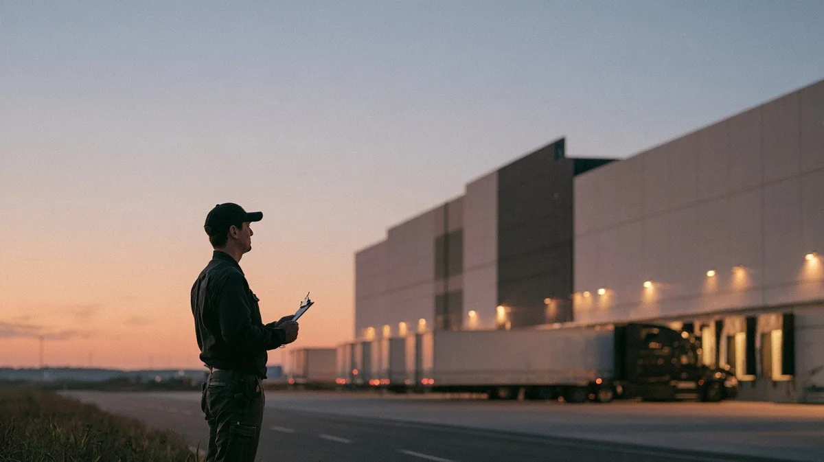 Man in a cap holding a tablet beside a warehouse with loading docks at sunrise