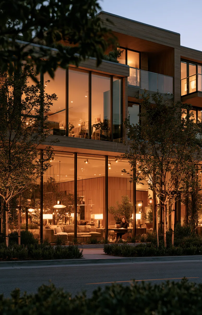 Ground floor leasing office of a new apartment building glowing warm at dusk behind young street trees