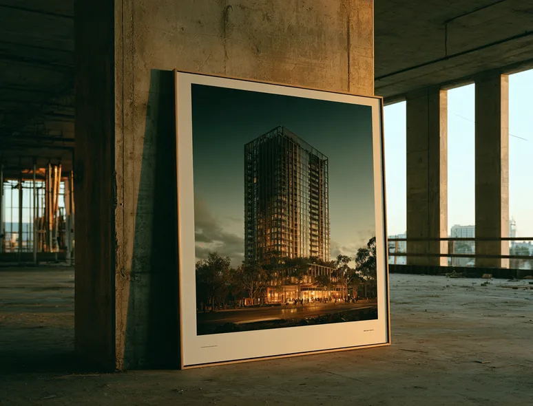 Large printed rendering of an apartment tower leaning on a concrete column inside an unfinished building