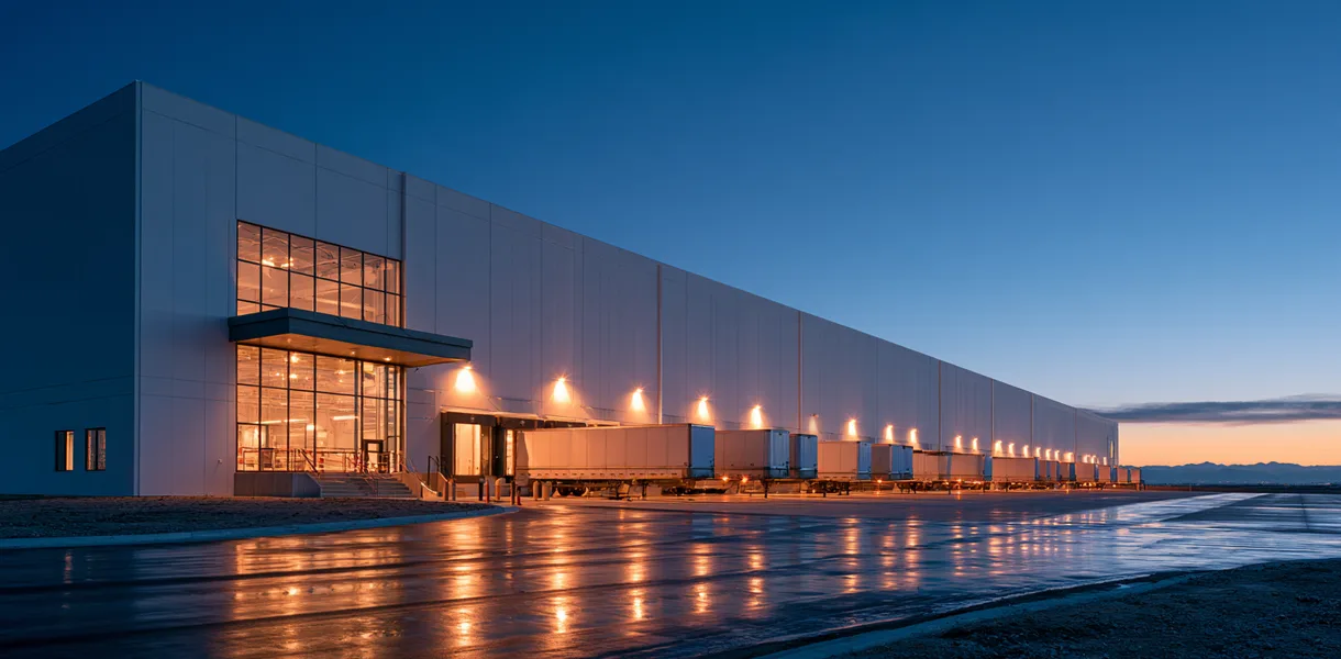Dusk rendering of a cold storage distribution building with a glass office entry and a row of lit truck docks