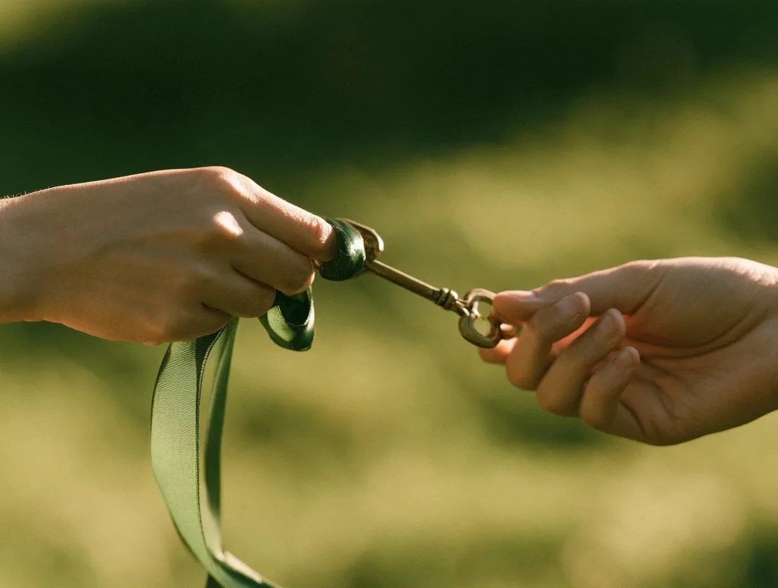 Two hands passing a brass key tied with a green ribbon