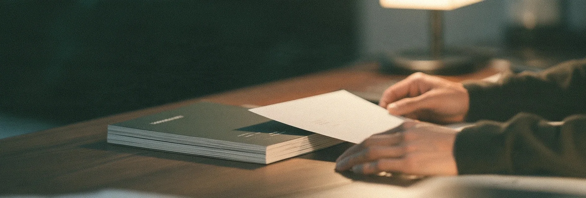 Hands holding a sheet of paper over a desk under a lamp
