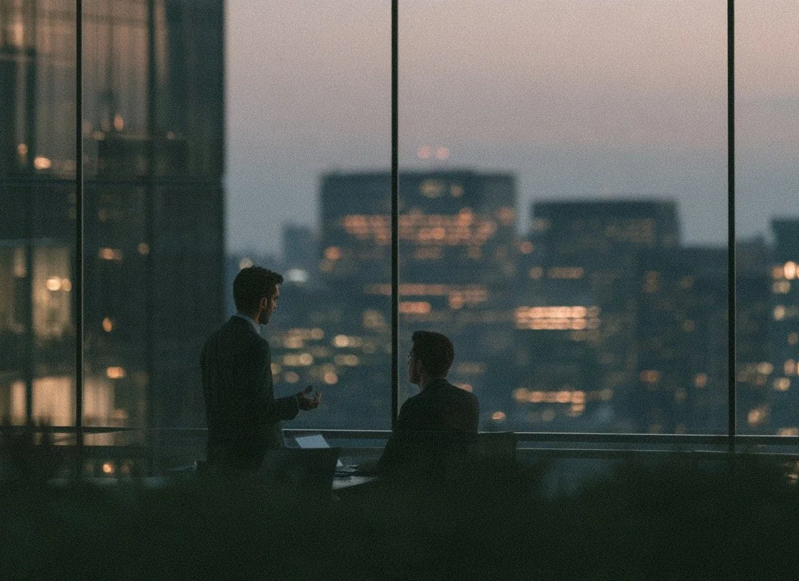 Two people talking by floor to ceiling windows with city lights behind them