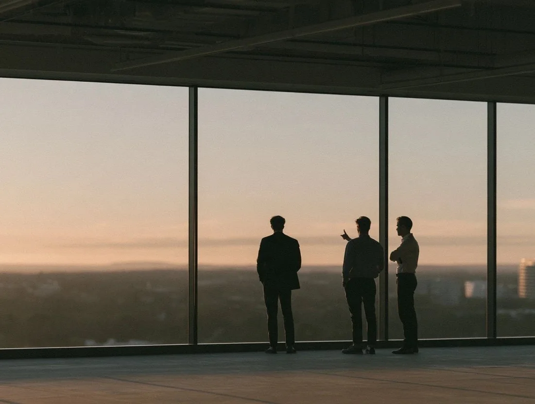 Three people standing at the windows of an empty office floor at sunset