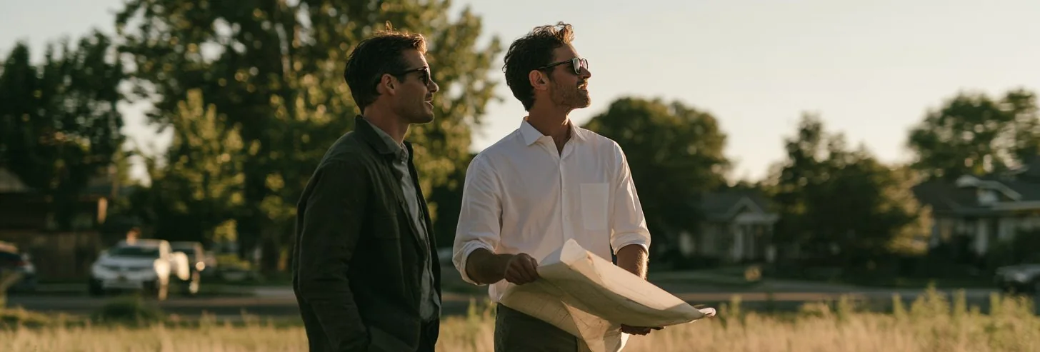 Man in a white shirt holding a large unrolled plan in a field, another person beside him