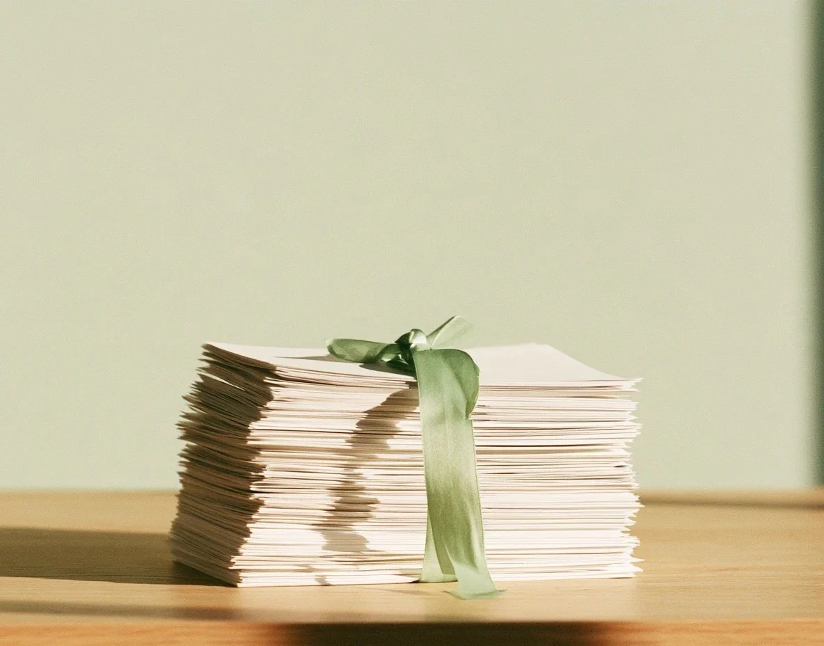 Stack of papers tied with a green ribbon on a wooden table