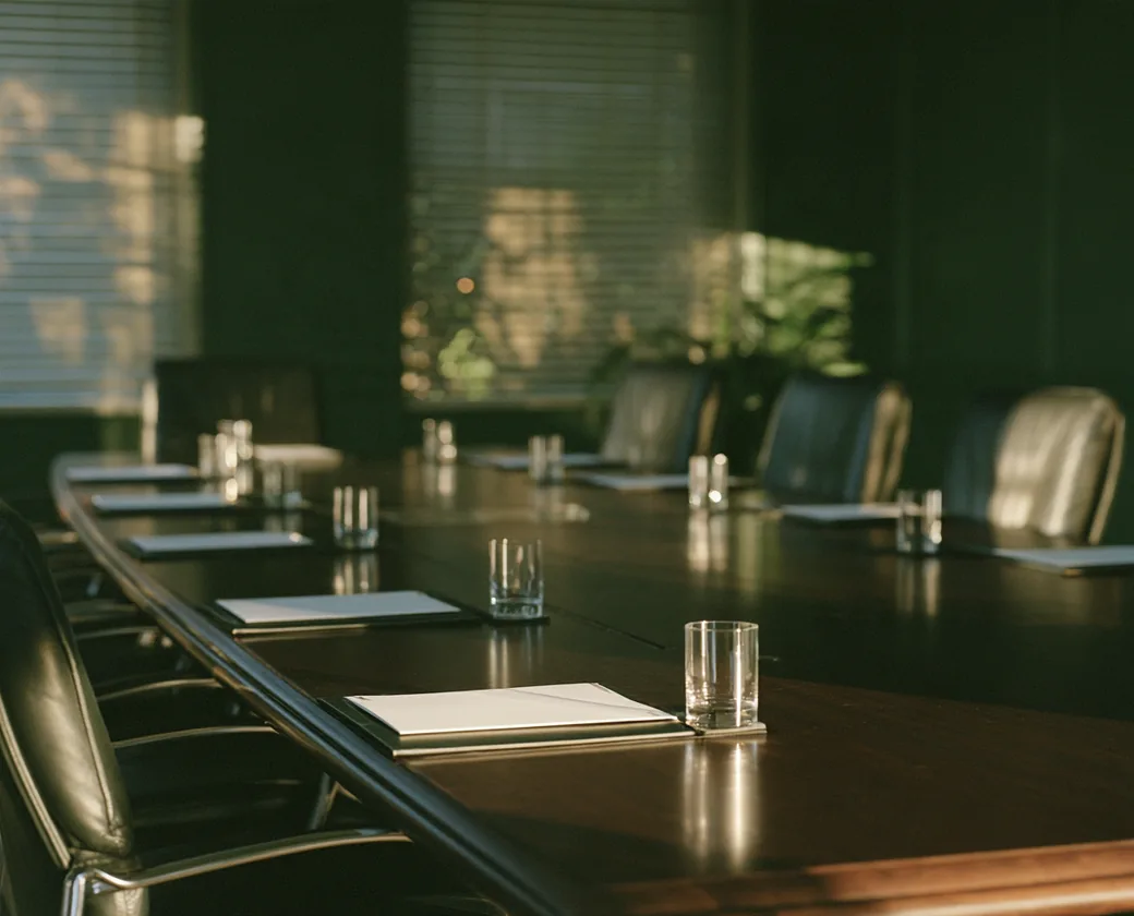 Long boardroom table set with notepads and water glasses, lit by low sun through window blinds