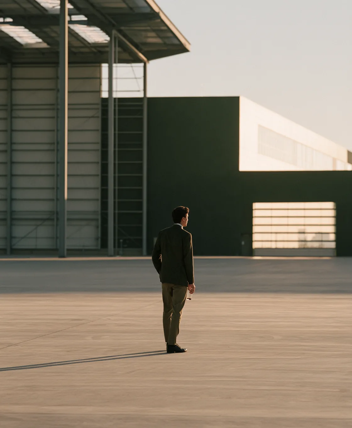 Man in a dark jacket standing on an empty concrete apron outside a large industrial hangar