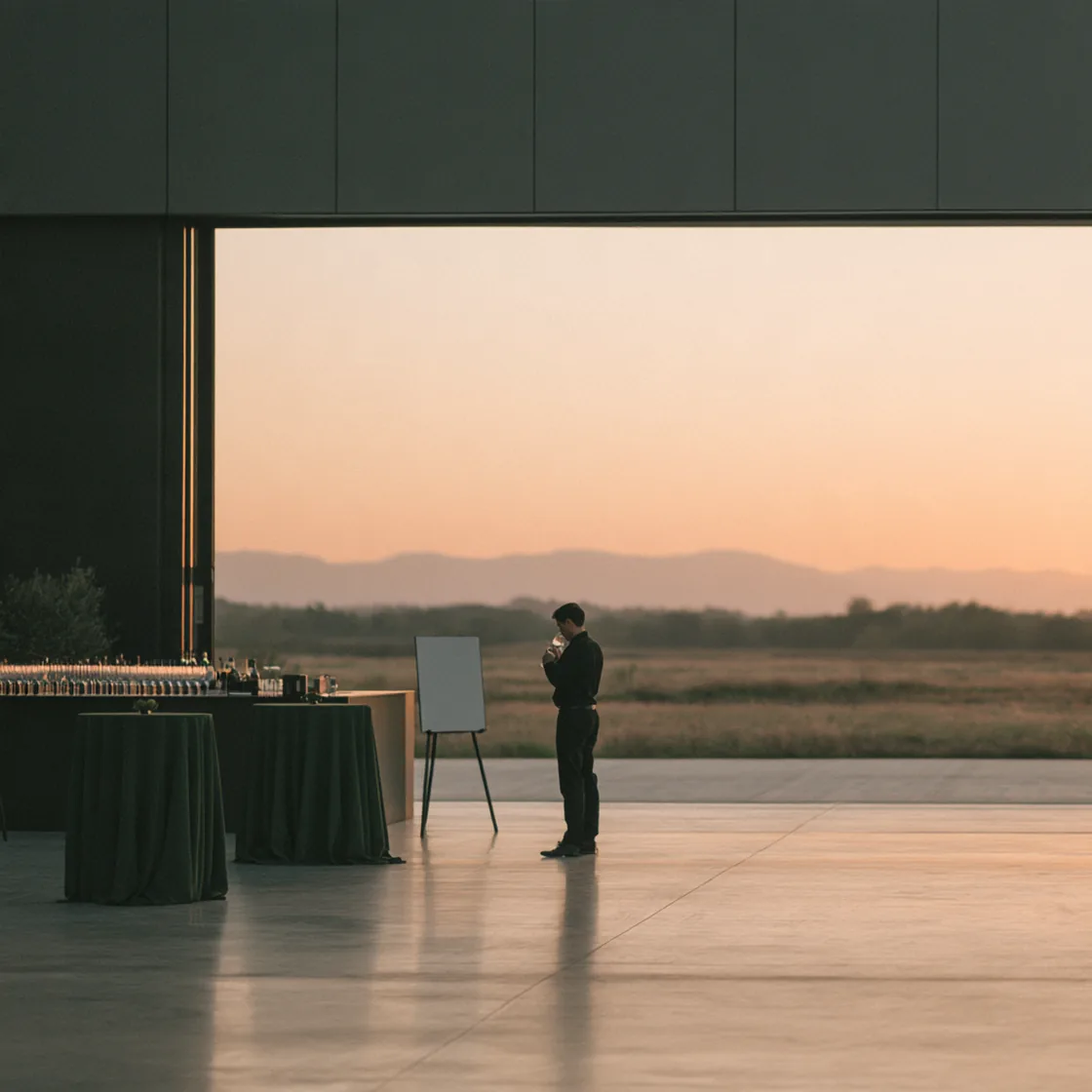 Man standing alone in a large open hangar doorway at sunset, beside cocktail tables and an easel, with fields and hills beyond