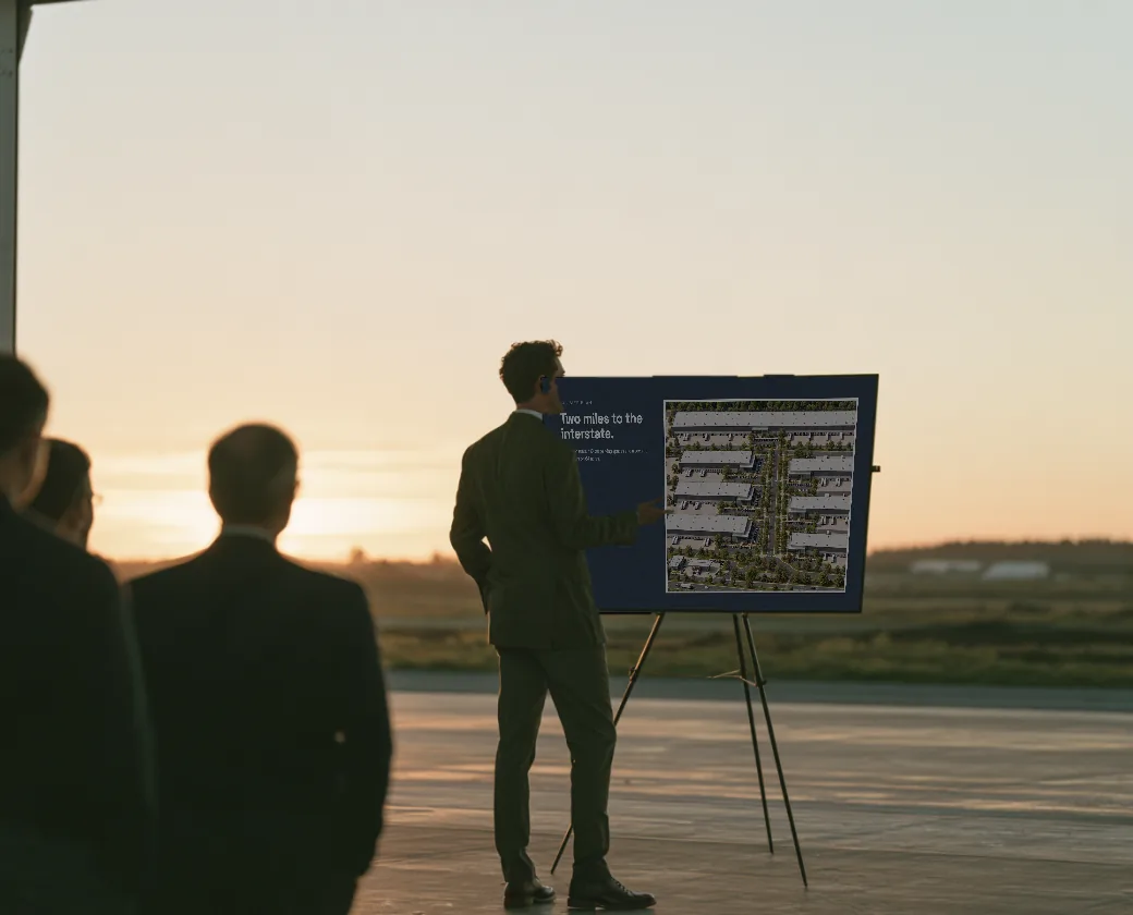Presenter at an easel showing a site plan board to a small group of men in suits at sunset