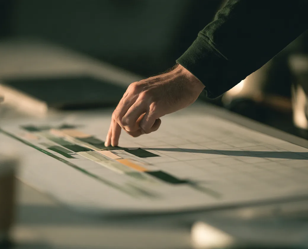 Hand pointing at a printed chart with colored bars on a desk