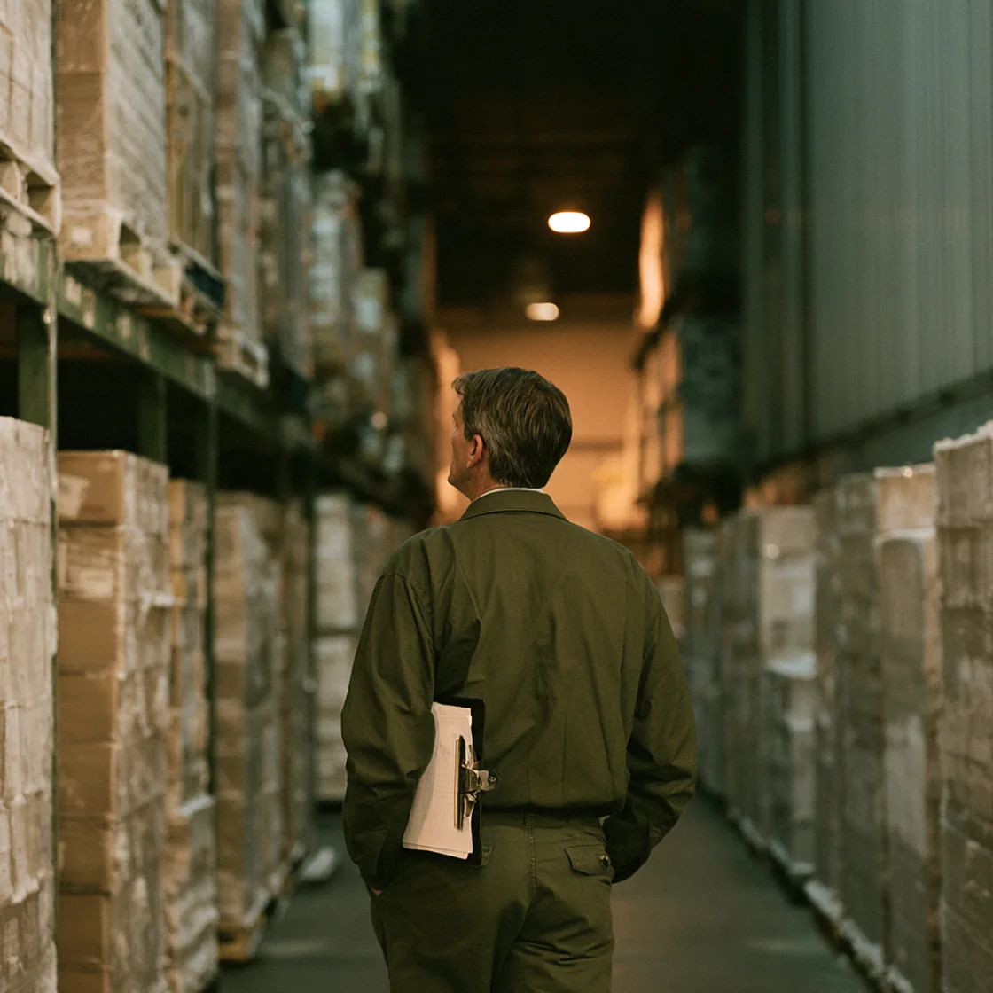 Man in a work jacket holding a clipboard and walking down a warehouse aisle lined with stacked pallets