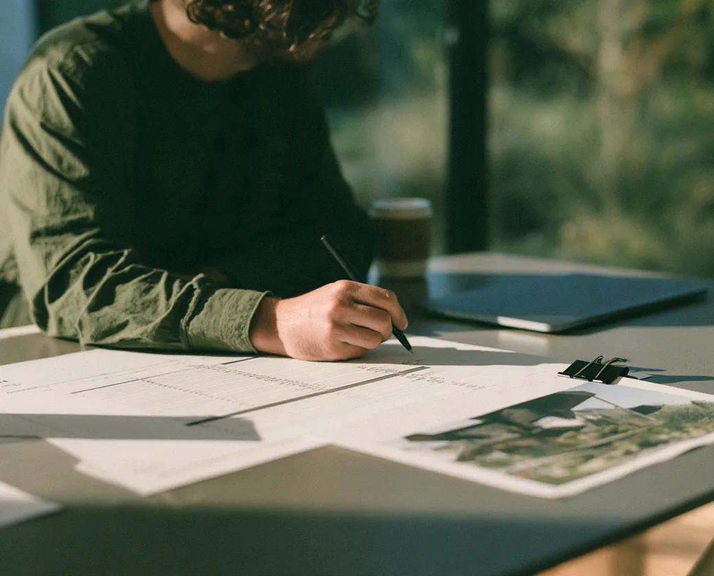 Person in a green shirt writing on a printed plan with photos spread across a table