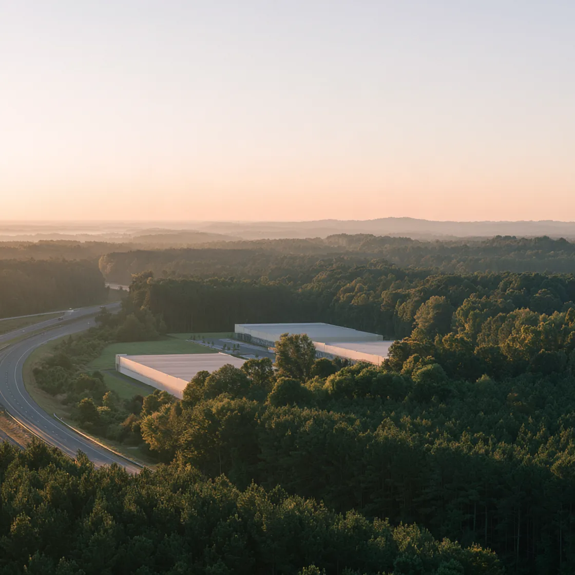 Aerial view at sunrise of white industrial buildings set among dense forest beside a curving highway