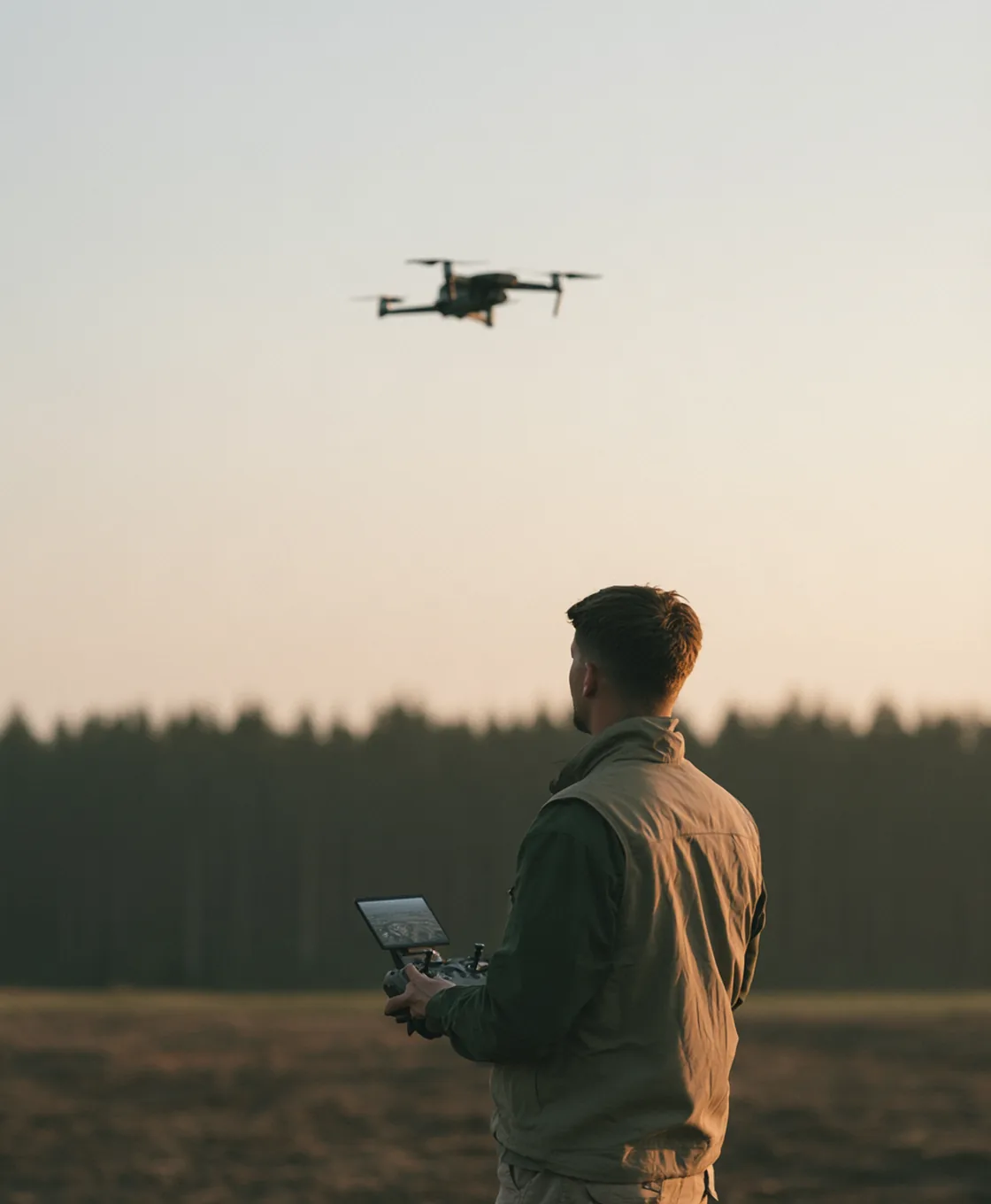 Man holding a drone controller in a field at dusk while a drone flies overhead