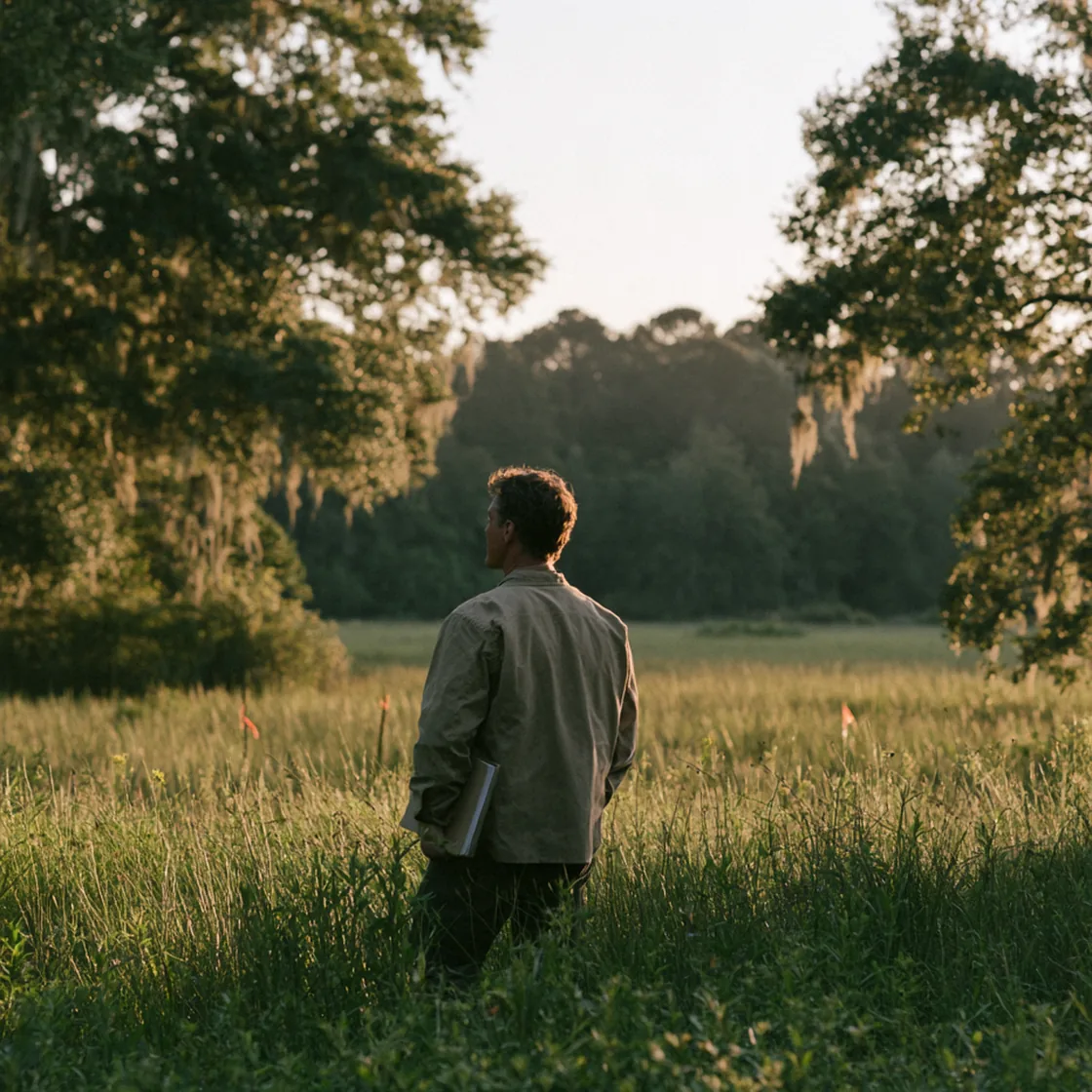 Man holding a folder standing in a tall grass meadow surrounded by trees at golden hour