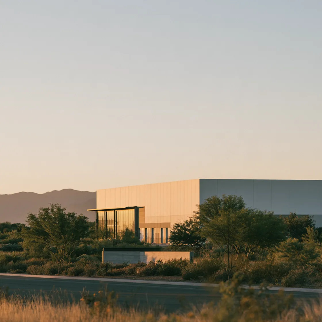 Modern industrial building surrounded by desert shrubs beside a road, with mountains behind at dusk