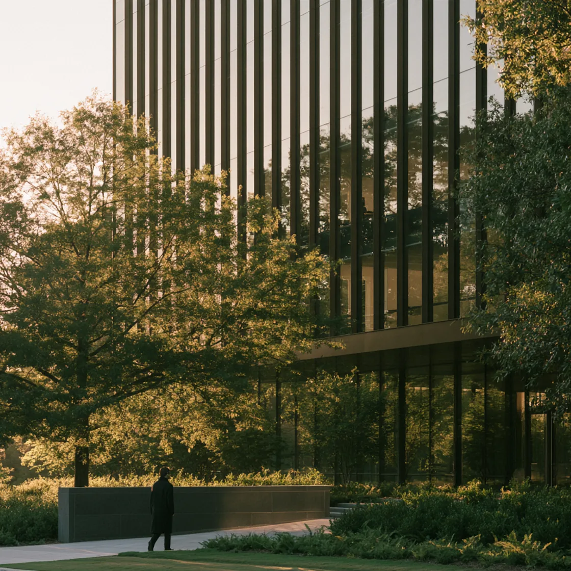 Tall glass office tower behind trees and a landscaped plaza at golden hour, with a person walking past
