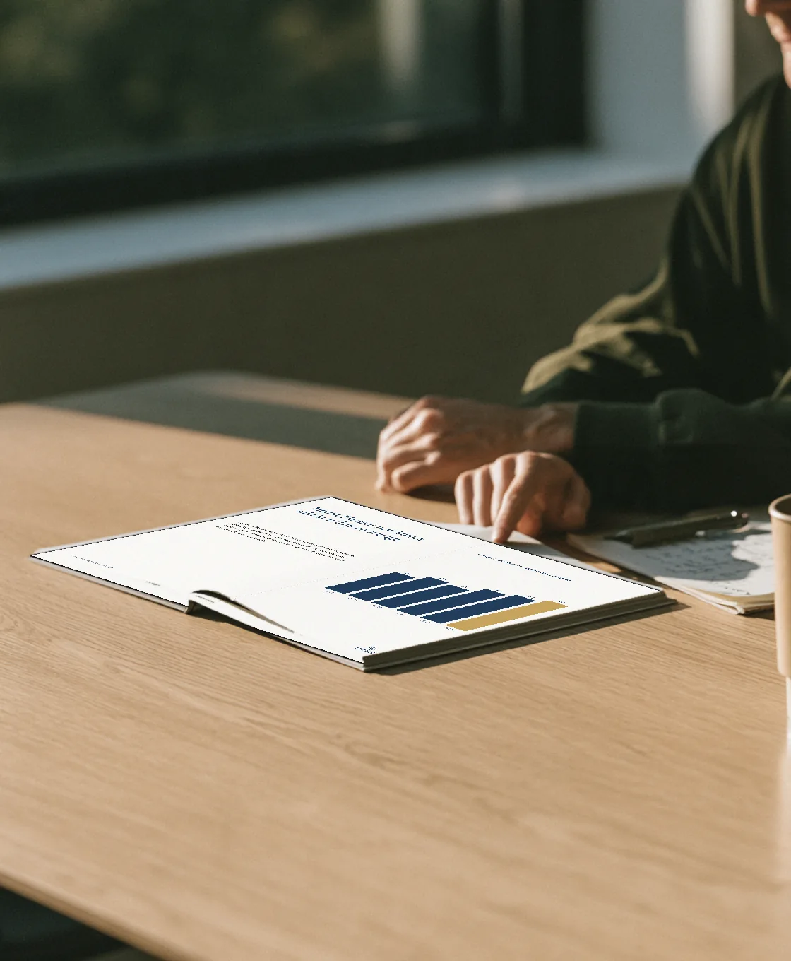 Hand pointing at an open printed report with a bar chart on a light wooden table by a window