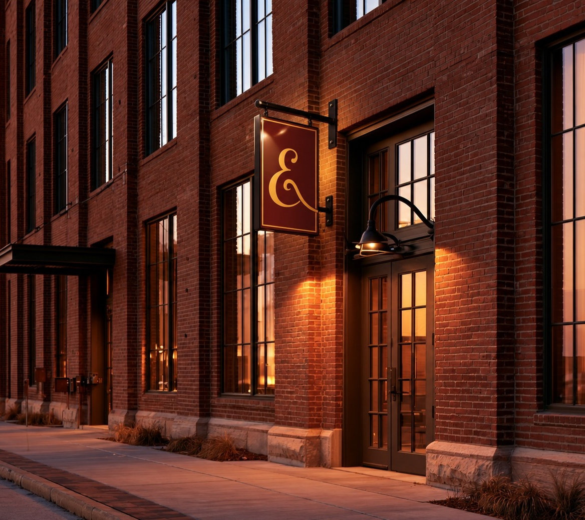 Union and Fifth blade sign on a brick building at dusk
