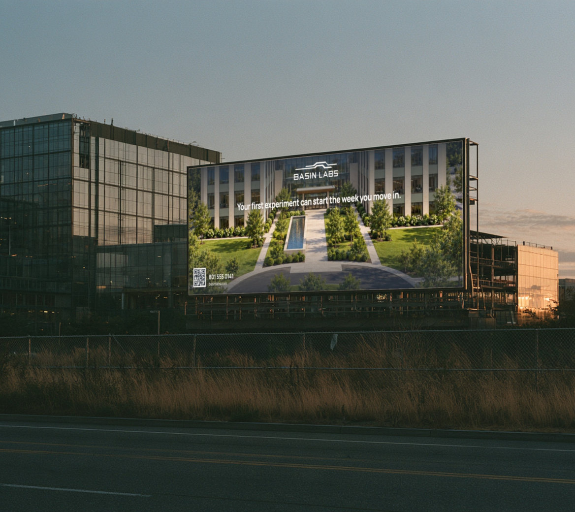Basin Labs billboard on a building at dusk