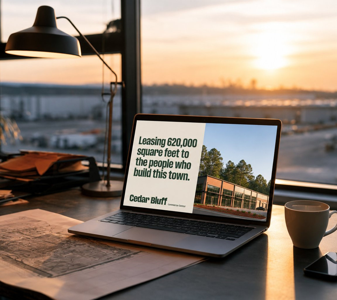 Cedar Bluff deck on a laptop on a desk at sunset