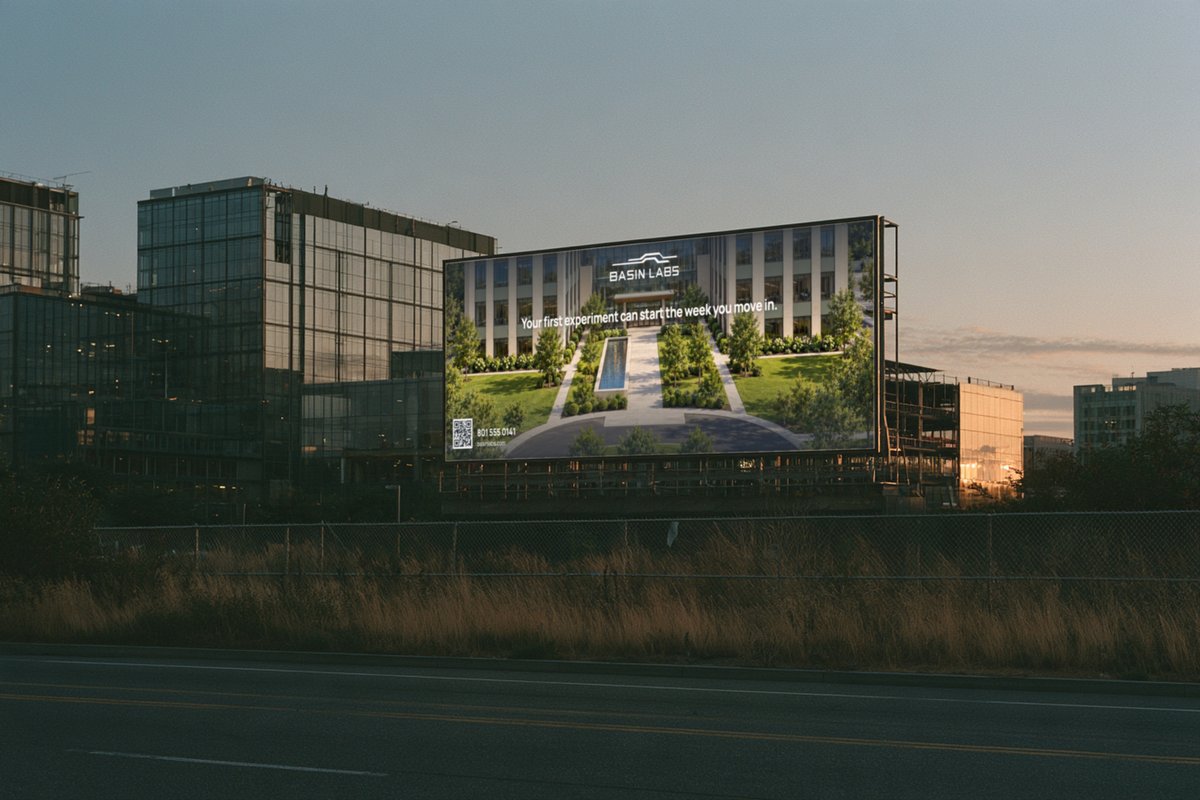 Basin Labs billboard on a building at dusk